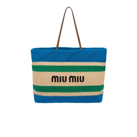 miu miu raffia|Beige/Light Blue Raffia and cotton tote bag .